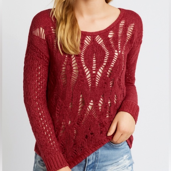 American Eagle Open Weave Crochet Sweater Burgundy Red Cranberry Size Large - Picture 10 of 13